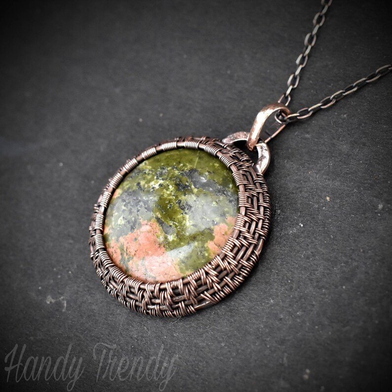 Unakite endless cage pendant, Copper Wire wrapped necklace, Unique handmade gift, Artisan boho jewelry, One of a kind statement piece