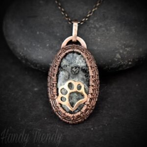 Puppy paw cage pendant, Kambaba Jasper Copper Wire wrapped necklace, Unique handmade gift, One of a kind Artisan jewelry