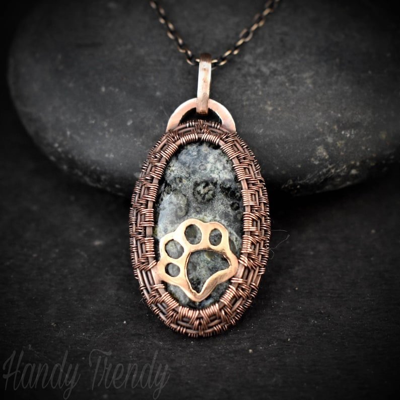 Puppy paw cage pendant, Kambaba Jasper Copper Wire wrapped necklace, Unique handmade gift, One of a kind Artisan jewelry