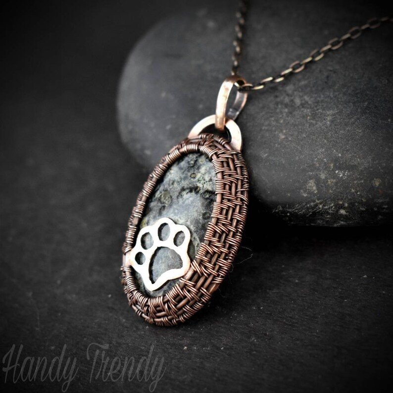 Puppy paw cage pendant, Kambaba Jasper Copper Wire wrapped necklace, Unique handmade gift, One of a kind Artisan jewelry