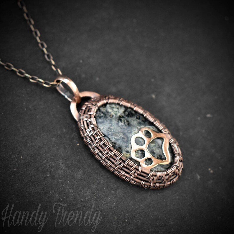 Puppy paw cage pendant, Kambaba Jasper Copper Wire wrapped necklace, Unique handmade gift, One of a kind Artisan jewelry