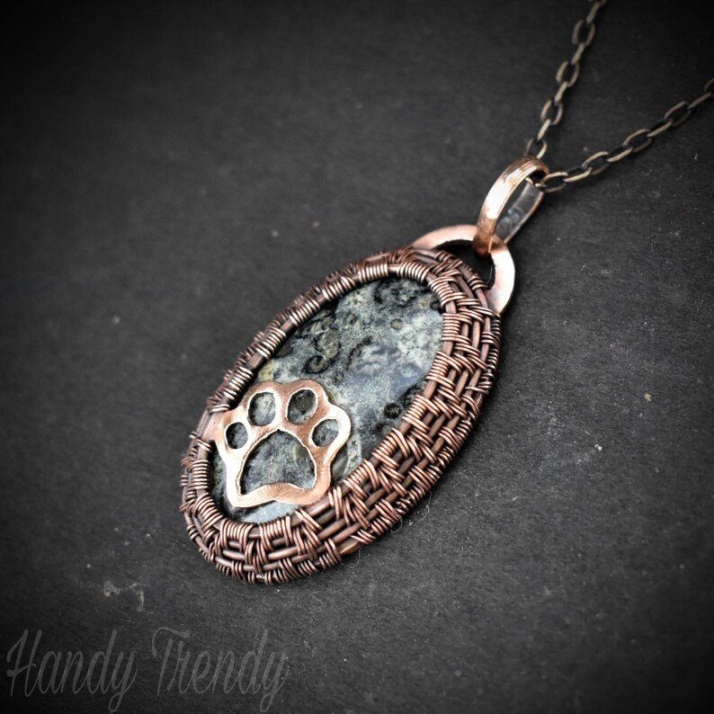 Puppy paw cage pendant, Kambaba Jasper Copper Wire wrapped necklace, Unique handmade gift, One of a kind Artisan jewelry