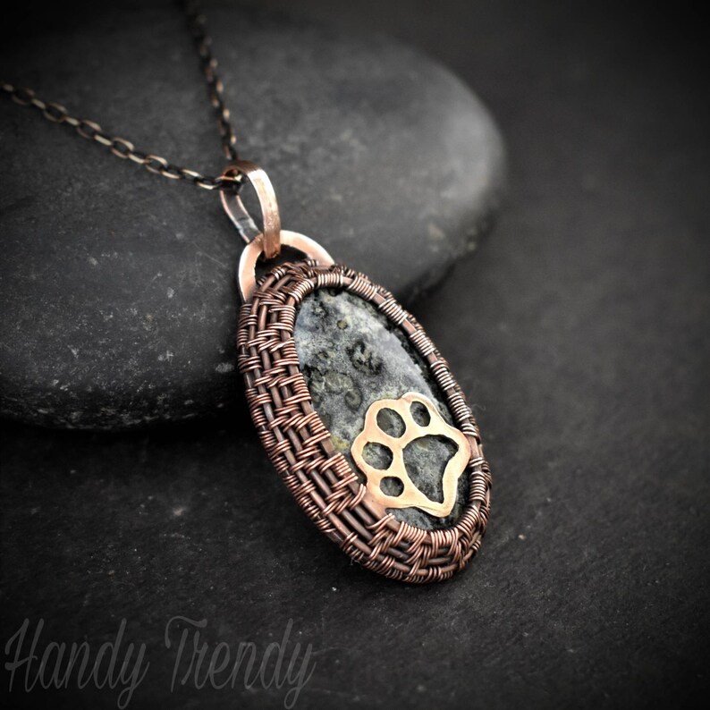 Puppy paw cage pendant, Kambaba Jasper Copper Wire wrapped necklace, Unique handmade gift, One of a kind Artisan jewelry