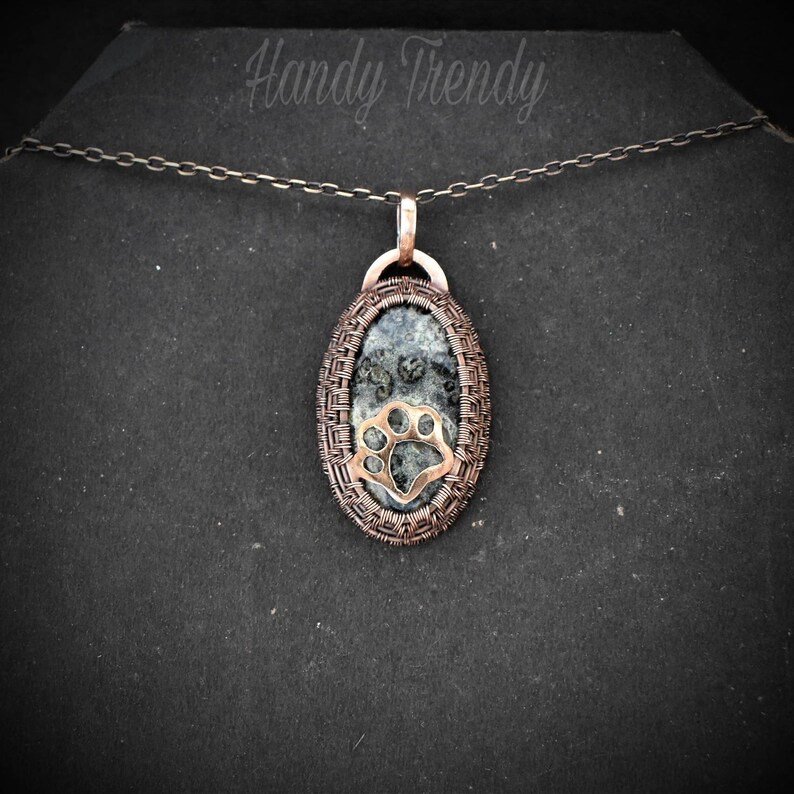 Puppy paw cage pendant, Kambaba Jasper Copper Wire wrapped necklace, Unique handmade gift, One of a kind Artisan jewelry