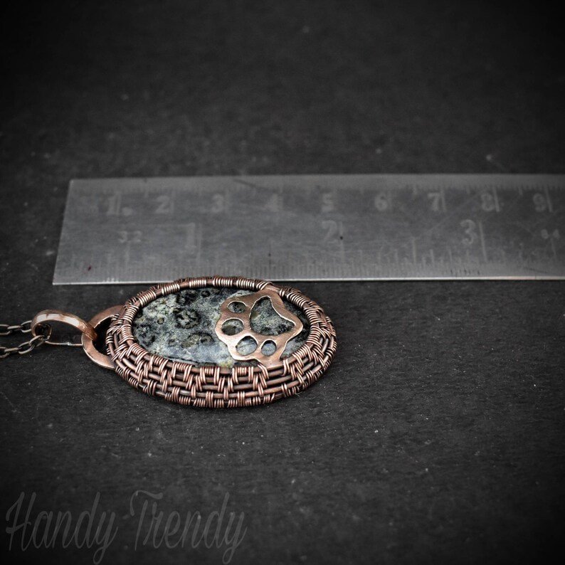 Puppy paw cage pendant, Kambaba Jasper Copper Wire wrapped necklace, Unique handmade gift, One of a kind Artisan jewelry