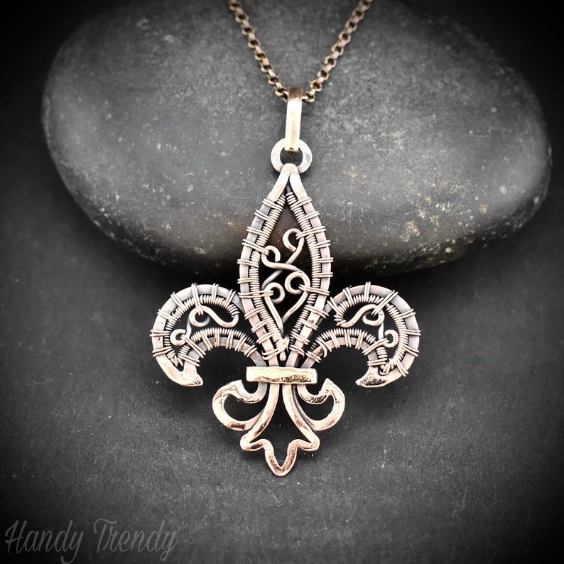 Fleur de lis pendant, Copper wire wrapped necklace, Unique handmade gift, One of a kind artisan jewelry, Statement necklace