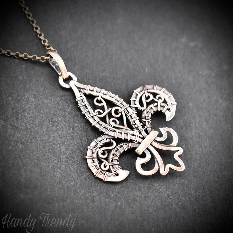 Fleur de lis pendant, Copper wire wrapped necklace, Unique handmade gift, One of a kind artisan jewelry, Statement necklace