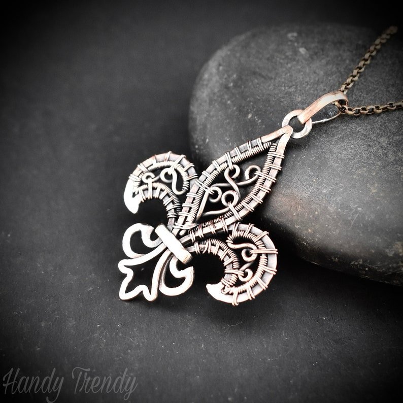 Fleur de lis pendant, Copper wire wrapped necklace, Unique handmade gift, One of a kind artisan jewelry, Statement necklace