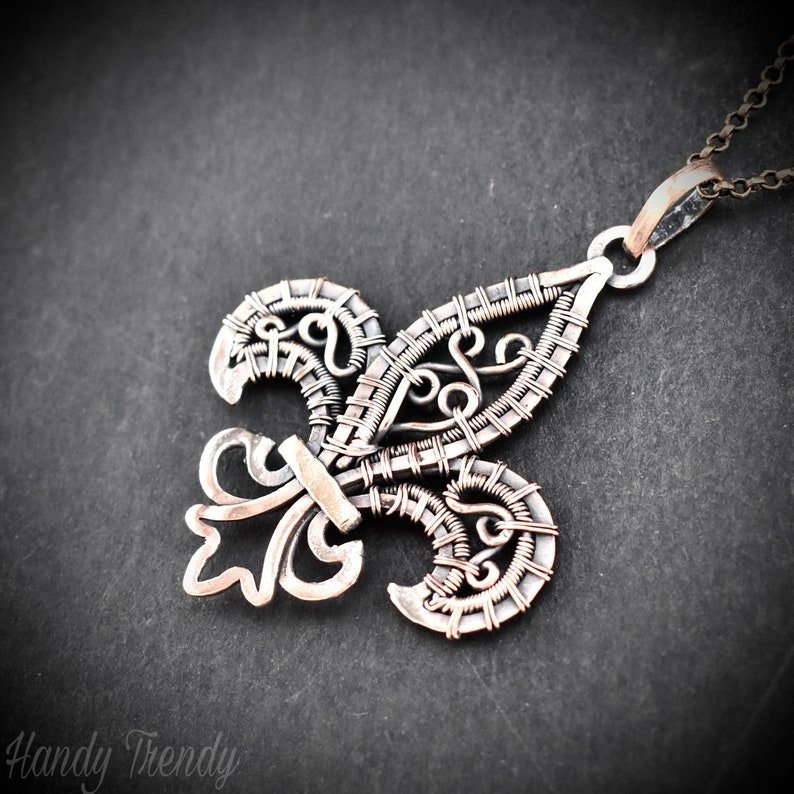 Fleur de lis pendant, Copper wire wrapped necklace, Unique handmade gift, One of a kind artisan jewelry, Statement necklace
