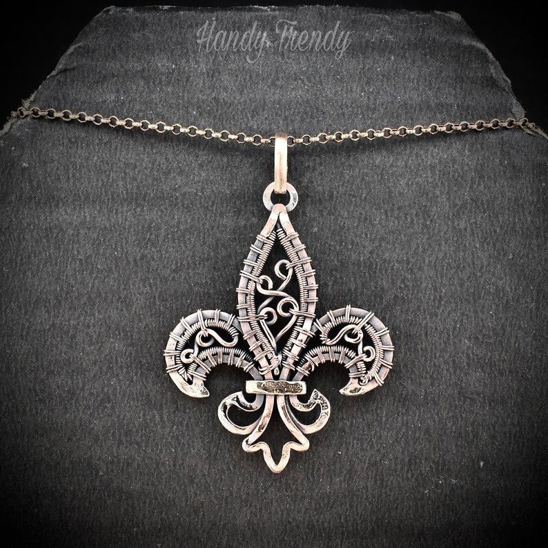 Fleur de lis pendant, Copper wire wrapped necklace, Unique handmade gift, One of a kind artisan jewelry, Statement necklace