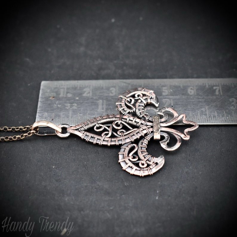 Fleur de lis pendant, Copper wire wrapped necklace, Unique handmade gift, One of a kind artisan jewelry, Statement necklace