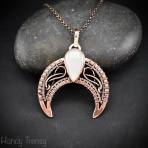 Crescent moon pendant, Copper wire and white moonstone wire wrapped necklace, Handmade Celtic jewelry, Unique gift, one of a kind
