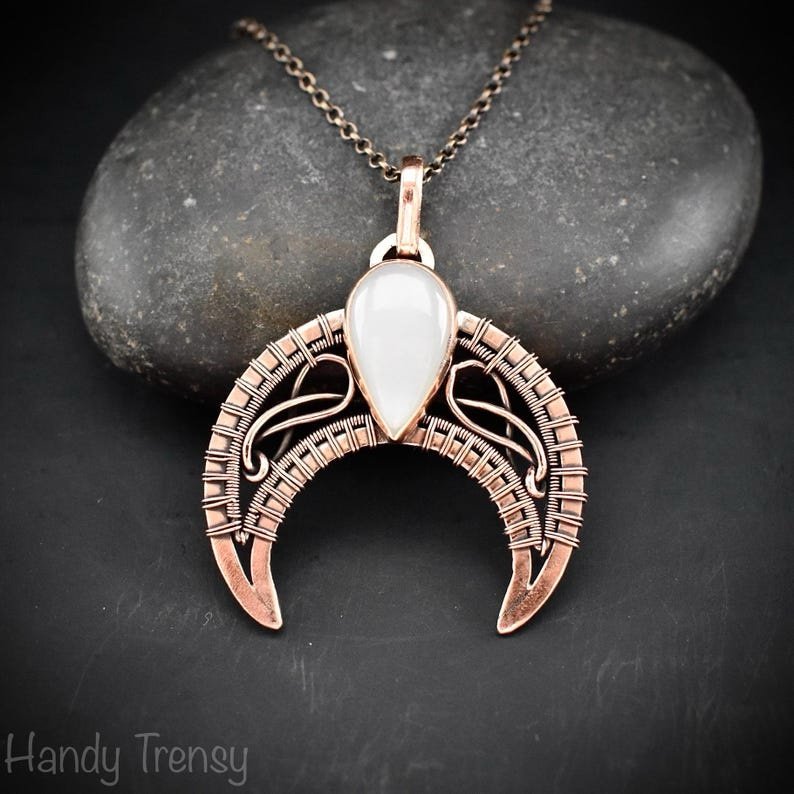 Crescent moon pendant, Copper wire and white moonstone wire wrapped necklace, Handmade Celtic jewelry, Unique gift, one of a kind