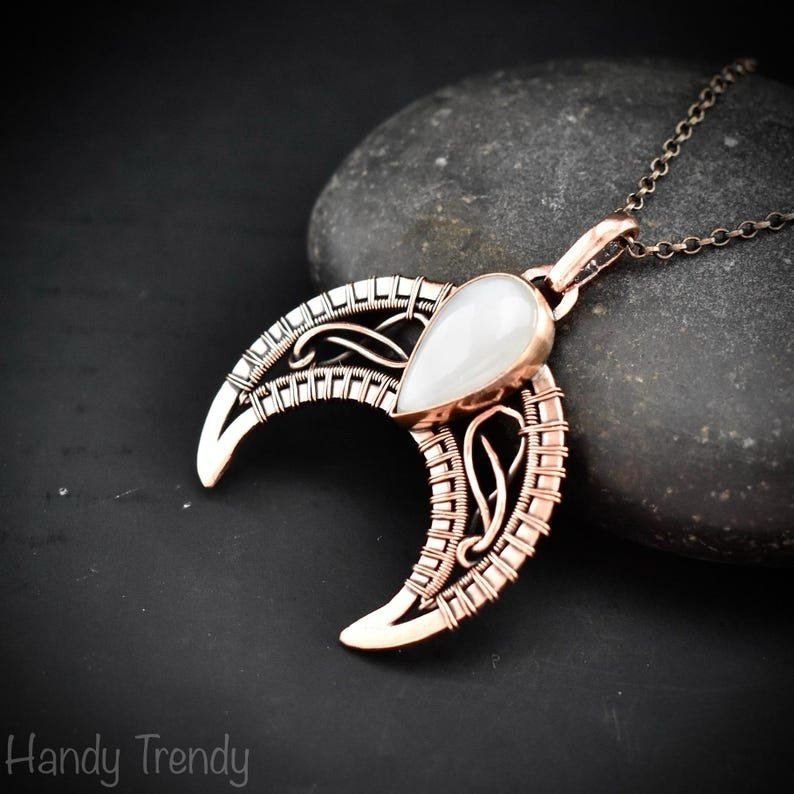 Crescent moon pendant, Copper wire and white moonstone wire wrapped necklace, Handmade Celtic jewelry, Unique gift, one of a kind