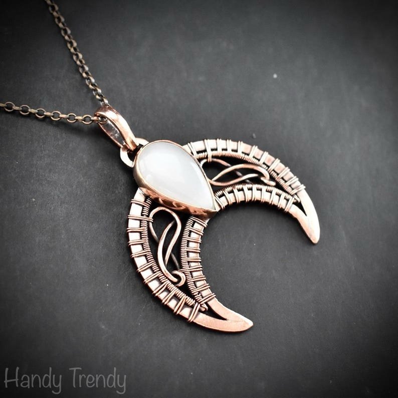 Crescent moon pendant, Copper wire and white moonstone wire wrapped necklace, Handmade Celtic jewelry, Unique gift, one of a kind