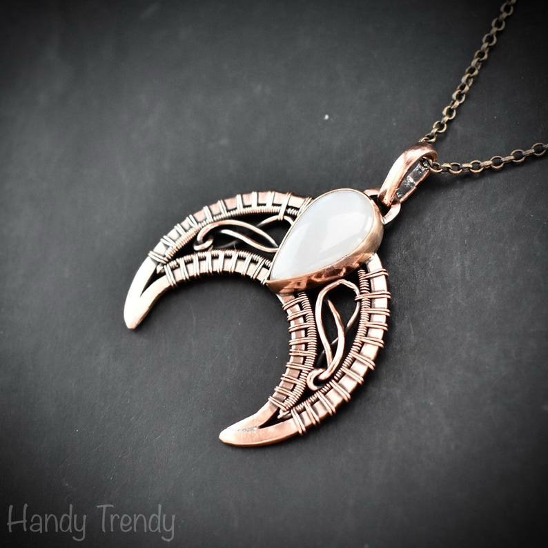 Crescent moon pendant, Copper wire and white moonstone wire wrapped necklace, Handmade Celtic jewelry, Unique gift, one of a kind