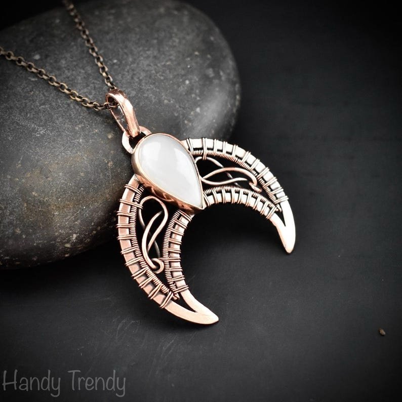 Crescent moon pendant, Copper wire and white moonstone wire wrapped necklace, Handmade Celtic jewelry, Unique gift, one of a kind