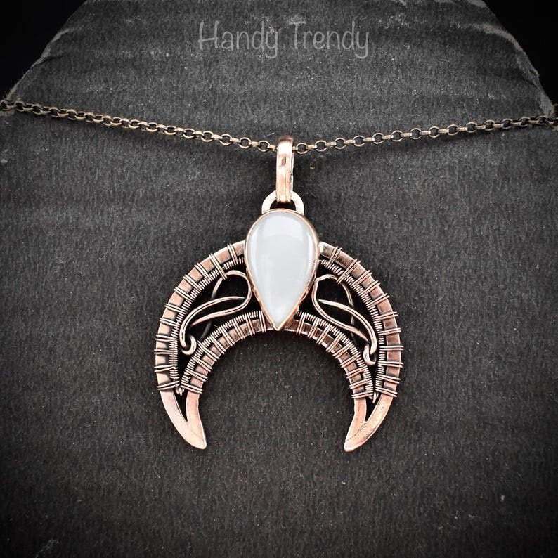 Crescent moon pendant, Copper wire and white moonstone wire wrapped necklace, Handmade Celtic jewelry, Unique gift, one of a kind