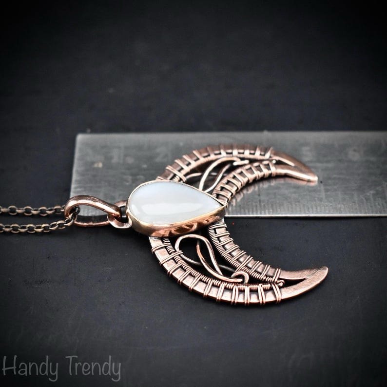 Crescent moon pendant, Copper wire and white moonstone wire wrapped necklace, Handmade Celtic jewelry, Unique gift, one of a kind