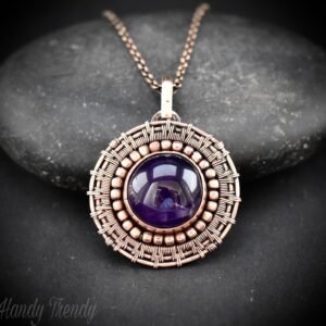 Amethyst wheel pendant, Copper endless wire wrapped necklace, Unique handmade Gift, Artisan boho jewelry, Statement piece