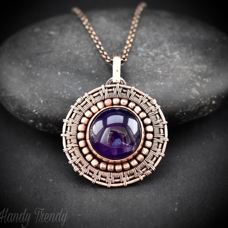 Amethyst wheel pendant, Copper endless wire wrapped necklace, Unique handmade Gift, Artisan boho jewelry, Statement piece
