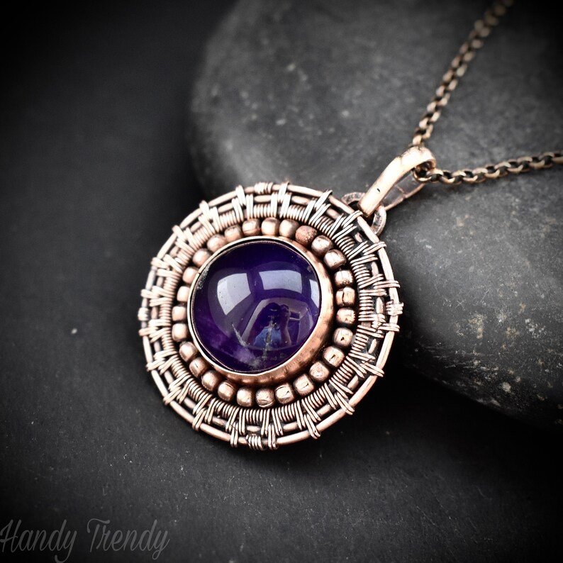 Amethyst wheel pendant, Copper endless wire wrapped necklace, Unique handmade Gift, Artisan boho jewelry, Statement piece