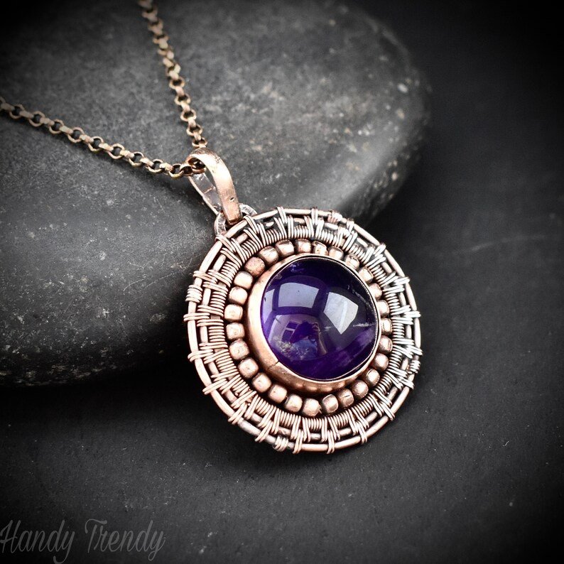 Amethyst wheel pendant, Copper endless wire wrapped necklace, Unique handmade Gift, Artisan boho jewelry, Statement piece