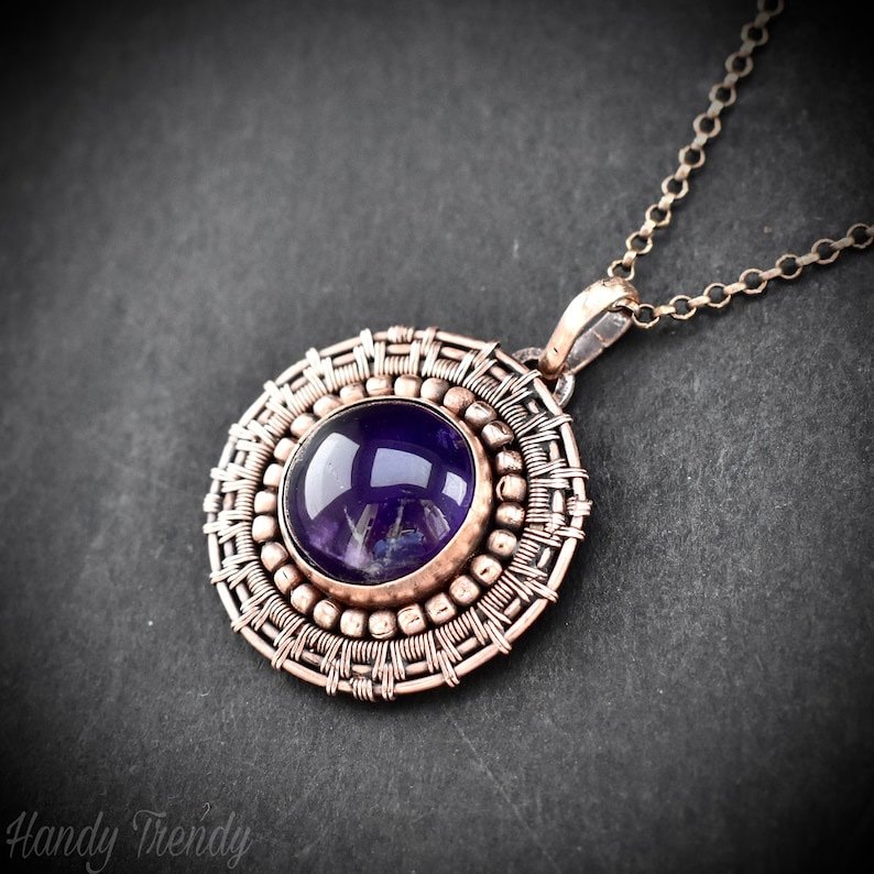 Amethyst wheel pendant, Copper endless wire wrapped necklace, Unique handmade Gift, Artisan boho jewelry, Statement piece