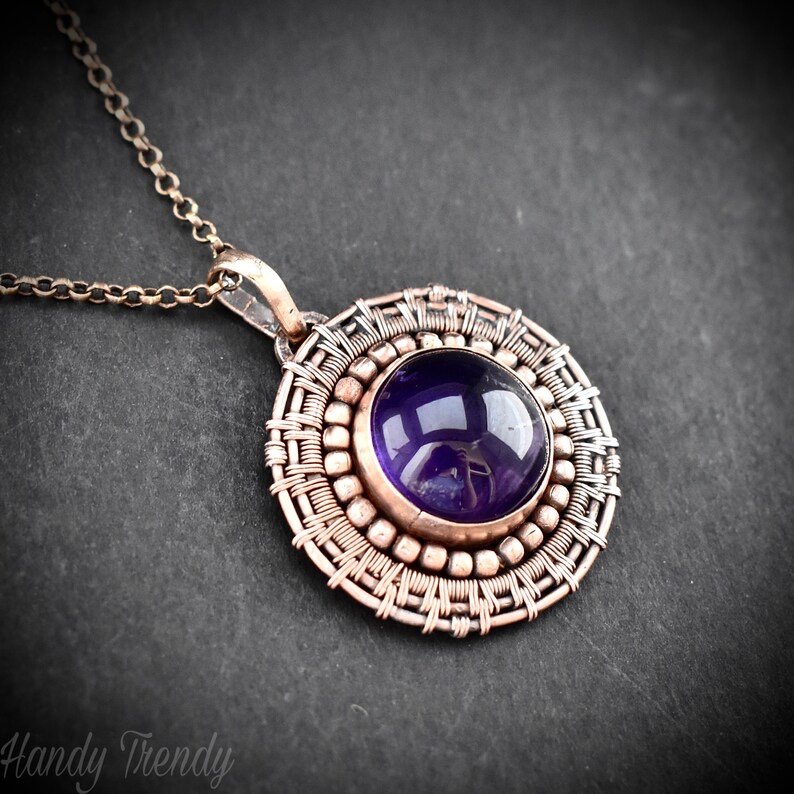 Amethyst wheel pendant, Copper endless wire wrapped necklace, Unique handmade Gift, Artisan boho jewelry, Statement piece