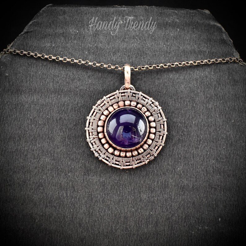 Amethyst wheel pendant, Copper endless wire wrapped necklace, Unique handmade Gift, Artisan boho jewelry, Statement piece