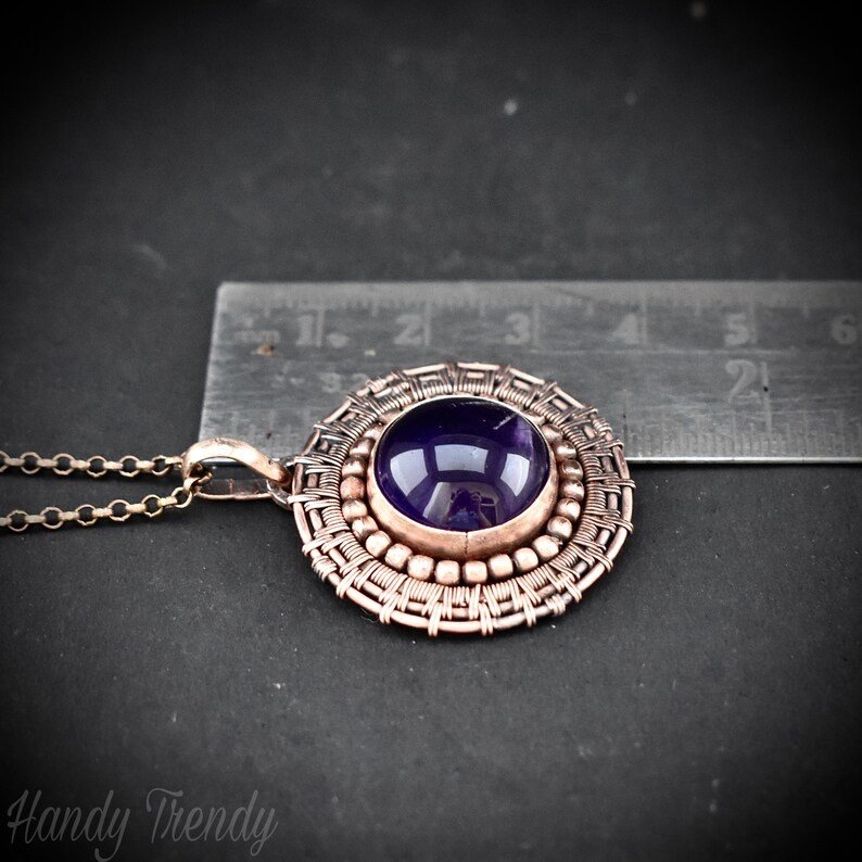 Amethyst wheel pendant, Copper endless wire wrapped necklace, Unique handmade Gift, Artisan boho jewelry, Statement piece