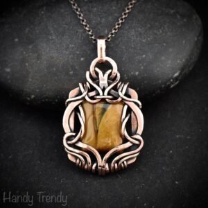 Yellow tiger eye pendant, Free flow copper wire wrapped necklace, Unique handmade gift, One of a kind Artisan boho jewelry