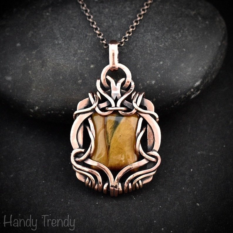 Yellow tiger eye pendant, Free flow copper wire wrapped necklace, Unique handmade gift, One of a kind Artisan boho jewelry