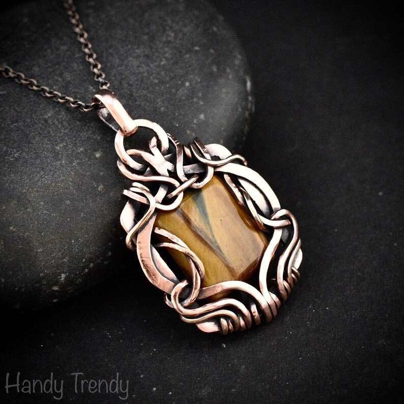 Yellow tiger eye pendant, Free flow copper wire wrapped necklace, Unique handmade gift, One of a kind Artisan boho jewelry