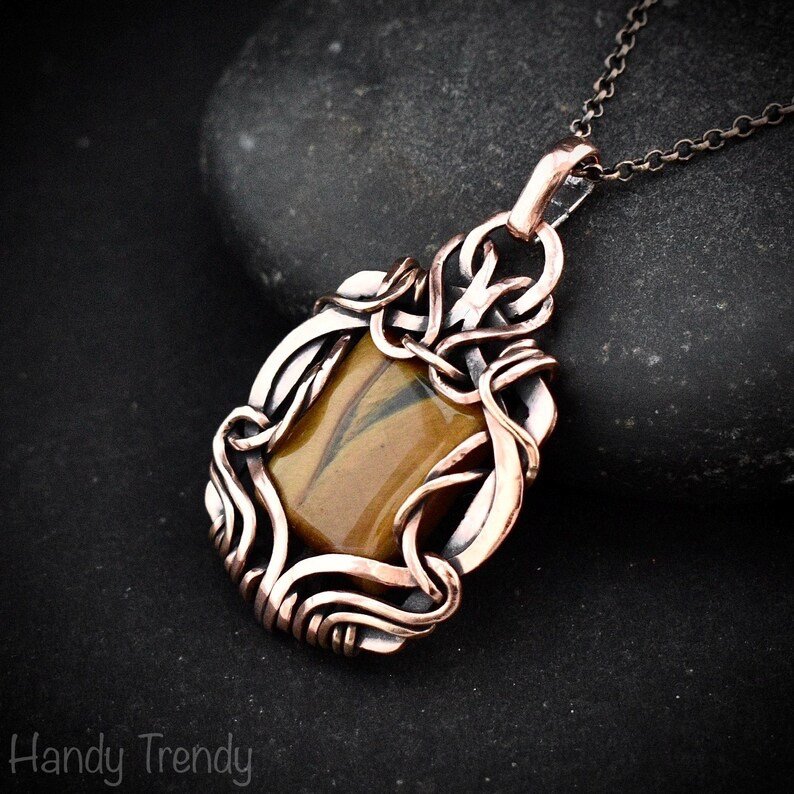 Yellow tiger eye pendant, Free flow copper wire wrapped necklace, Unique handmade gift, One of a kind Artisan boho jewelry