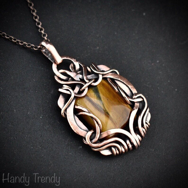 Yellow tiger eye pendant, Free flow copper wire wrapped necklace, Unique handmade gift, One of a kind Artisan boho jewelry