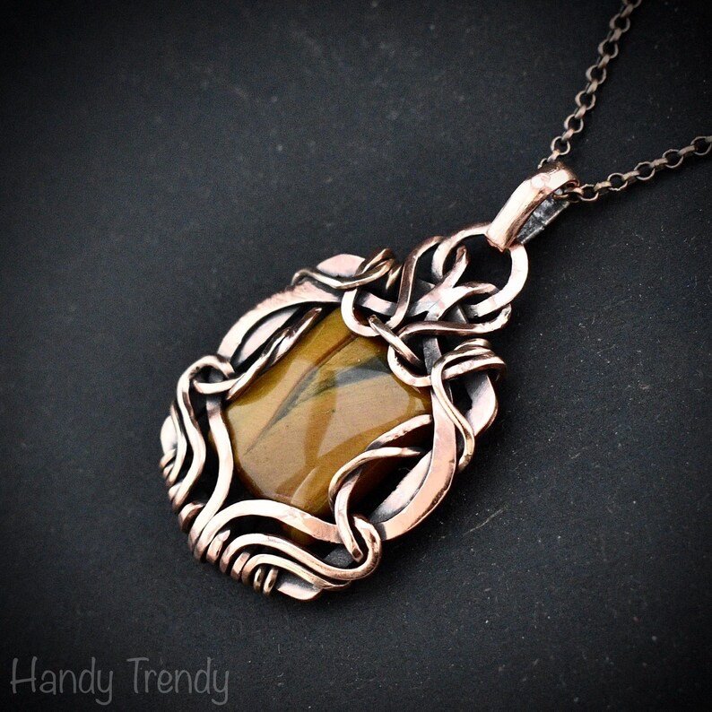 Yellow tiger eye pendant, Free flow copper wire wrapped necklace, Unique handmade gift, One of a kind Artisan boho jewelry