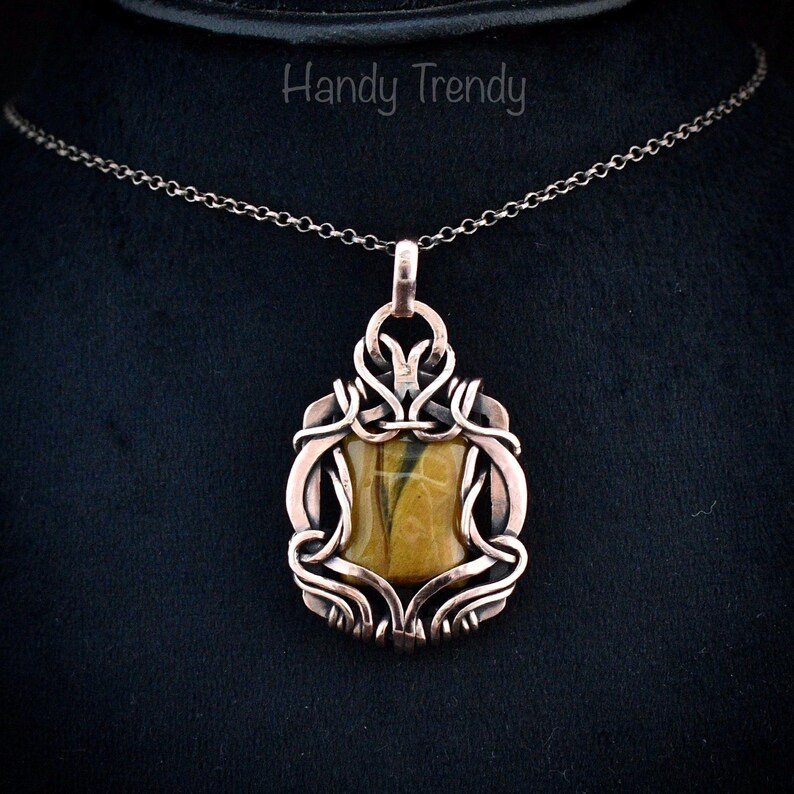 Yellow tiger eye pendant, Free flow copper wire wrapped necklace, Unique handmade gift, One of a kind Artisan boho jewelry