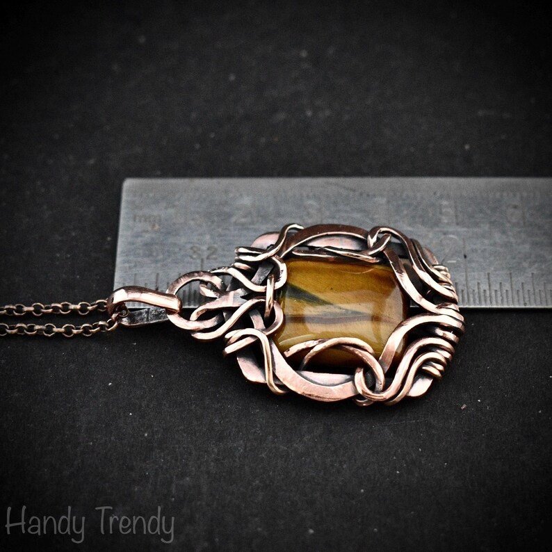 Yellow tiger eye pendant, Free flow copper wire wrapped necklace, Unique handmade gift, One of a kind Artisan boho jewelry