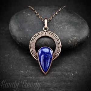 Lapis lazuli drop wheel pendant, Copper wire wrapped necklace, Unique handmade gift, Artisan boho jewelry, One of a kind piece