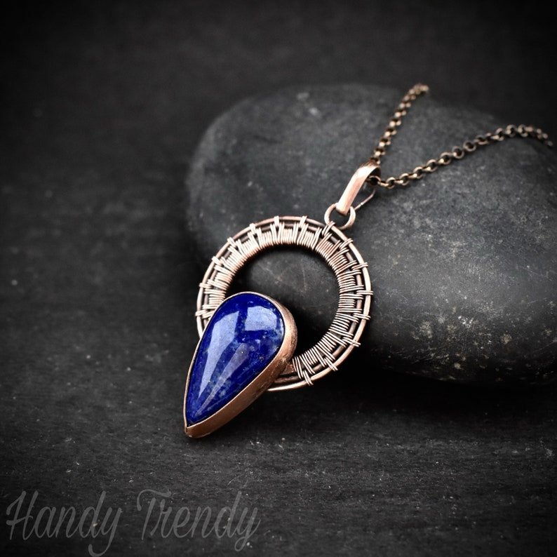 Lapis lazuli drop wheel pendant, Copper wire wrapped necklace, Unique handmade gift, Artisan boho jewelry, One of a kind piece