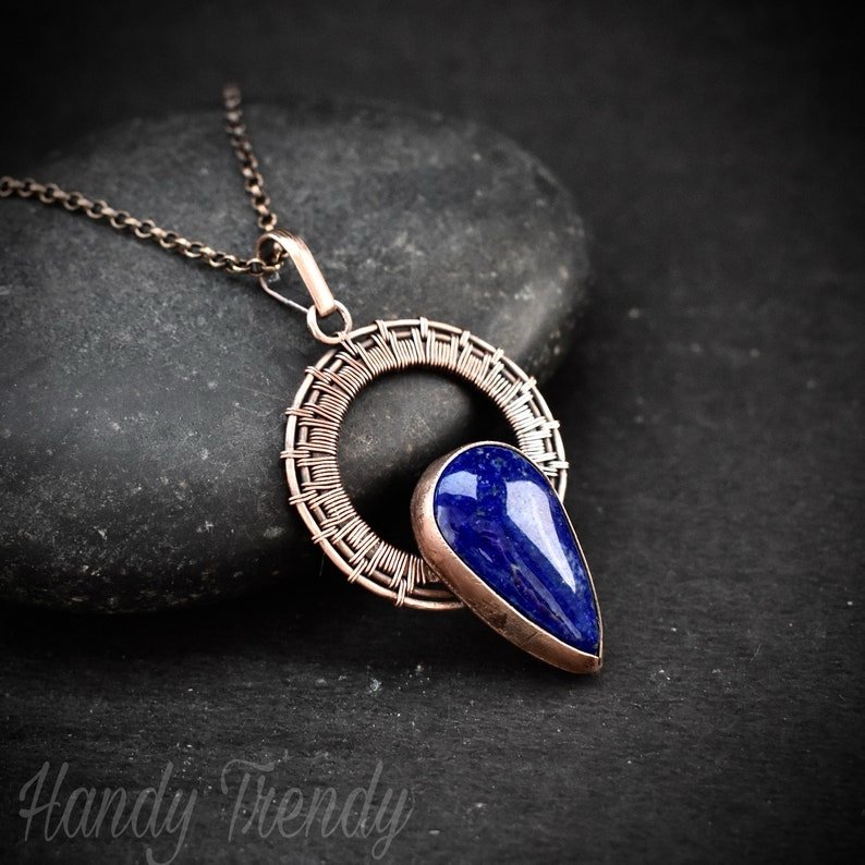 Lapis lazuli drop wheel pendant, Copper wire wrapped necklace, Unique handmade gift, Artisan boho jewelry, One of a kind piece