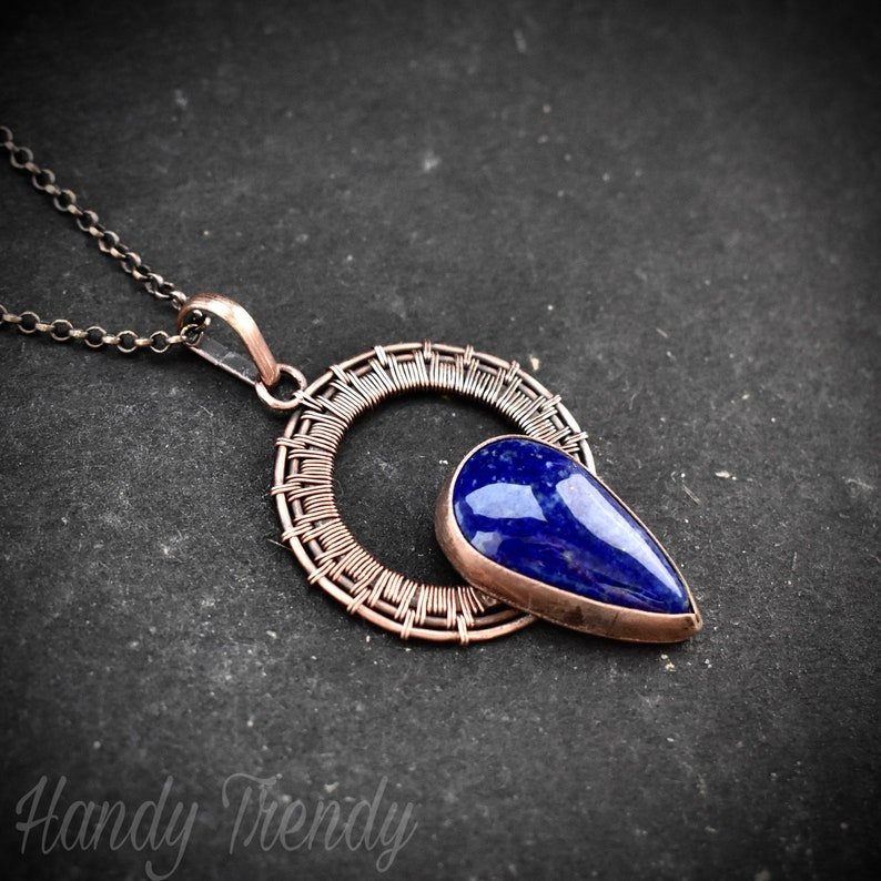 Lapis lazuli drop wheel pendant, Copper wire wrapped necklace, Unique handmade gift, Artisan boho jewelry, One of a kind piece