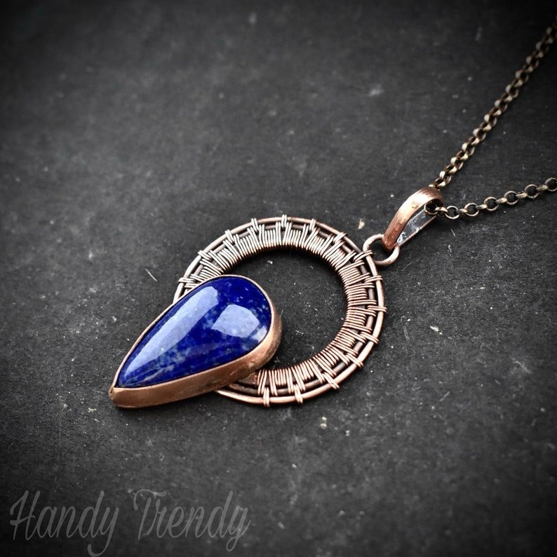 Lapis lazuli drop wheel pendant, Copper wire wrapped necklace, Unique handmade gift, Artisan boho jewelry, One of a kind piece