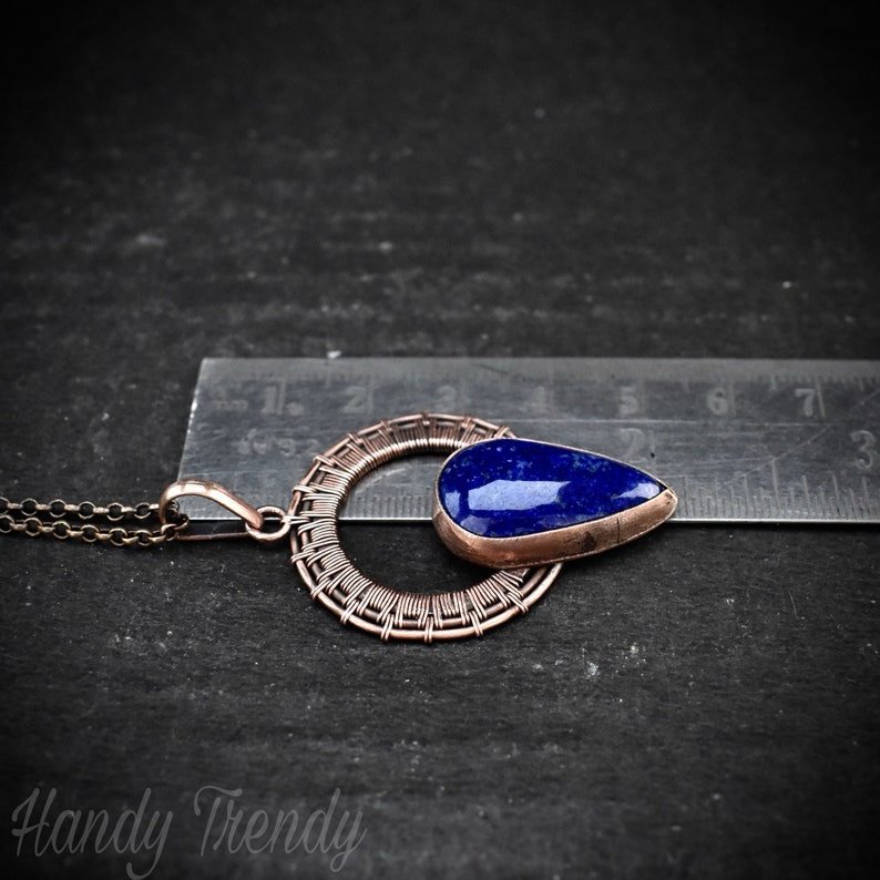 Lapis lazuli drop wheel pendant, Copper wire wrapped necklace, Unique handmade gift, Artisan boho jewelry, One of a kind piece