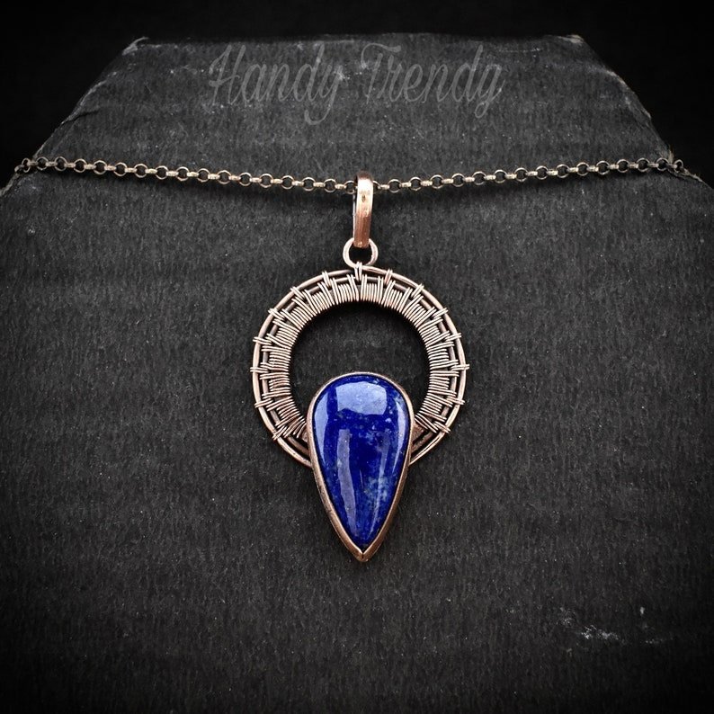 Lapis lazuli drop wheel pendant, Copper wire wrapped necklace, Unique handmade gift, Artisan boho jewelry, One of a kind piece