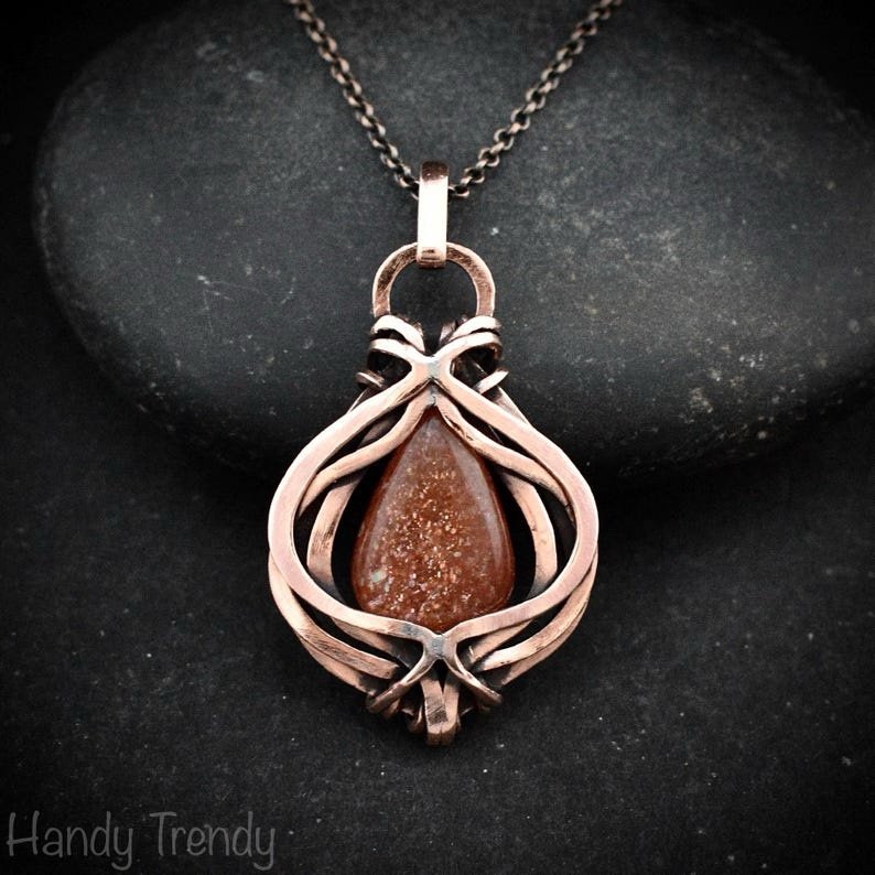 Sunstone pendant, Free-Flow copper wire wrapped necklace, Unique handmade gift, One of a kind necklace, Artisan boho jewelry