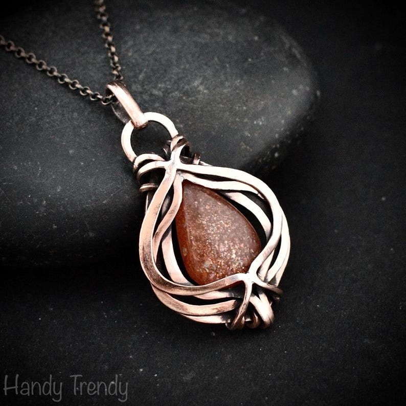 Sunstone pendant, Free-Flow copper wire wrapped necklace, Unique handmade gift, One of a kind necklace, Artisan boho jewelry