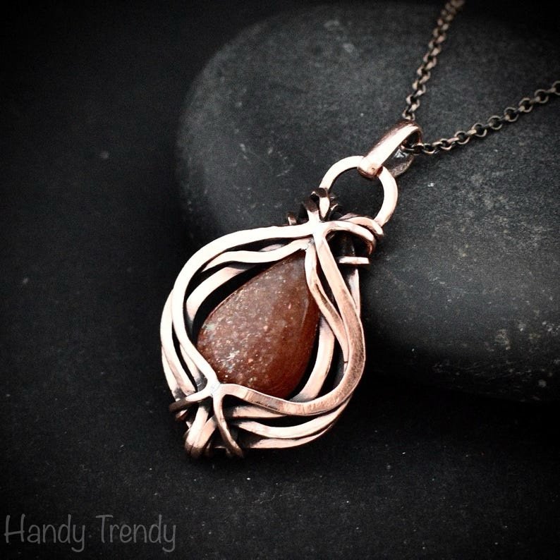 Sunstone pendant, Free-Flow copper wire wrapped necklace, Unique handmade gift, One of a kind necklace, Artisan boho jewelry