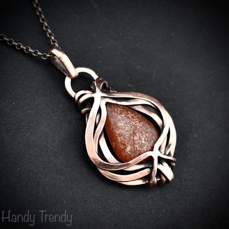 Sunstone pendant, Free-Flow copper wire wrapped necklace, Unique handmade gift, One of a kind necklace, Artisan boho jewelry